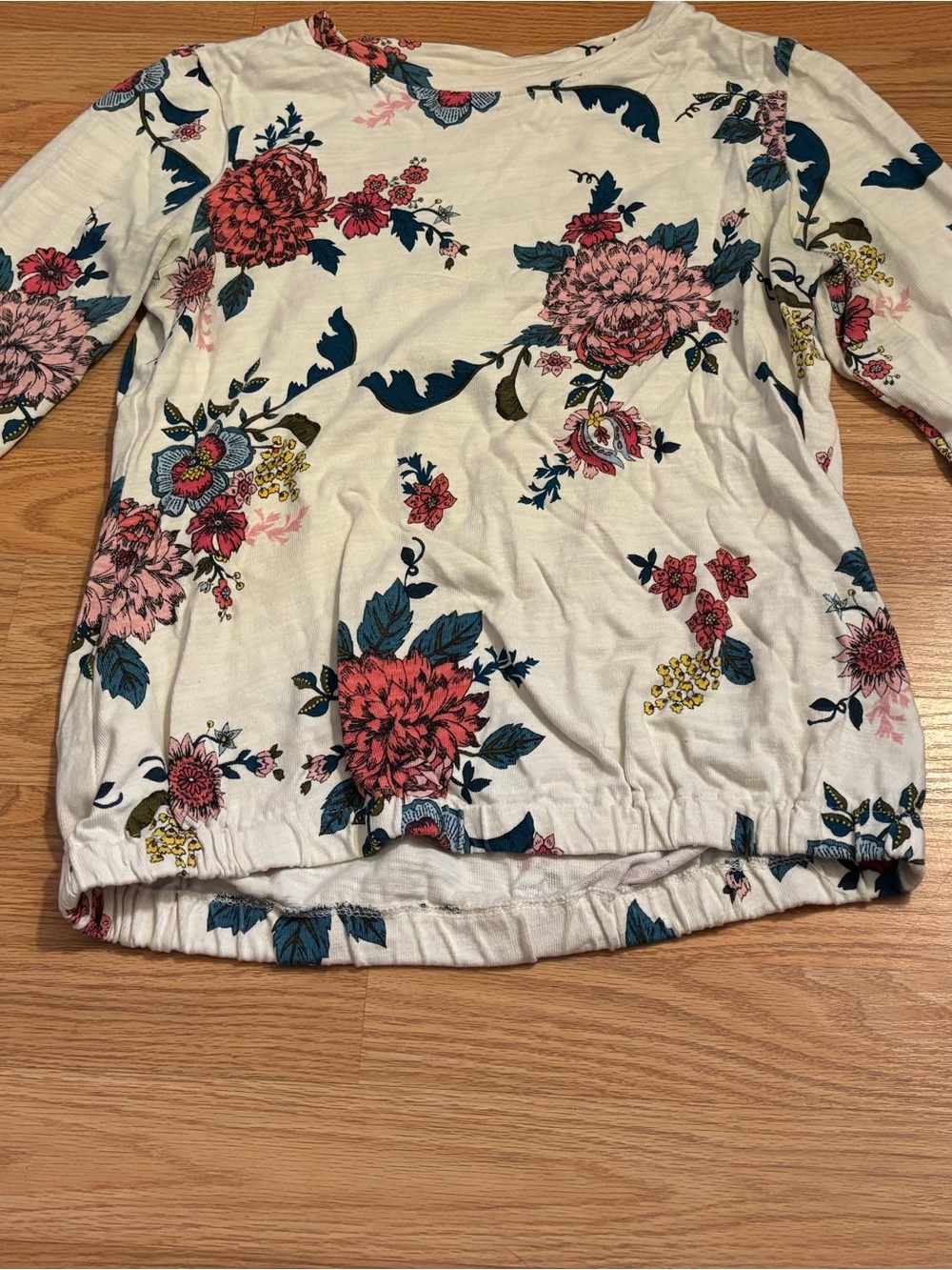 LOFT White Pullover Top with Pink & Blue Floral Print